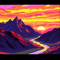 A pixel art landscape captured as if filmed on an old VHS camera, showcasing a dramatic view of sharp-edged mountains and a small river winding through the scene during a vivid sunset