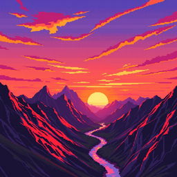 A pixel art landscape captured as if filmed on an old VHS camera, showcasing a dramatic view of sharp-edged mountains and a small river winding through the scene during a vivid sunset