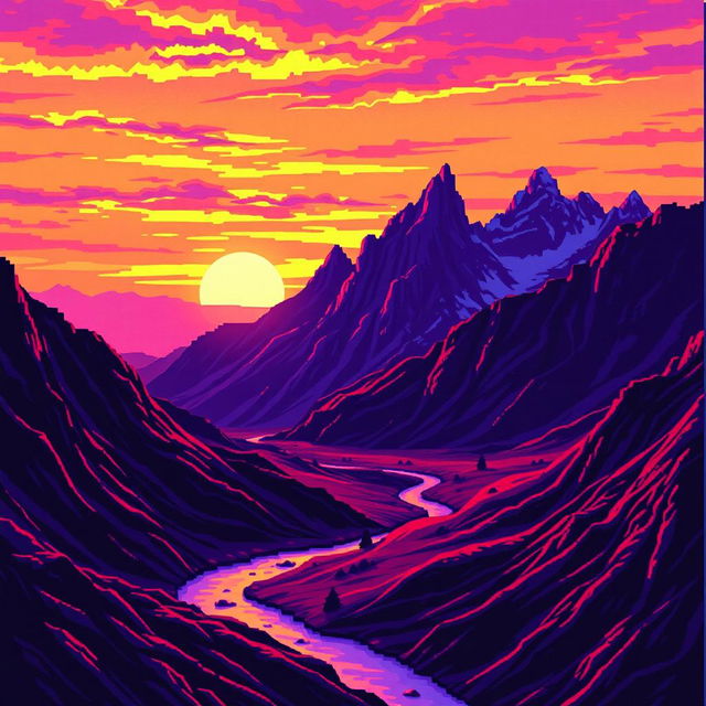 A pixel art landscape captured as if filmed on an old VHS camera, showcasing a dramatic view of sharp-edged mountains and a small river winding through the scene during a vivid sunset