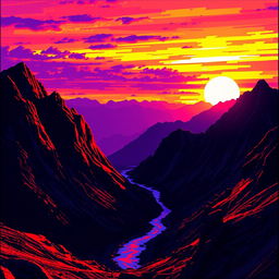 A pixel art landscape captured as if filmed on an old VHS camera, showcasing a dramatic view of sharp-edged mountains and a small river winding through the scene during a vivid sunset