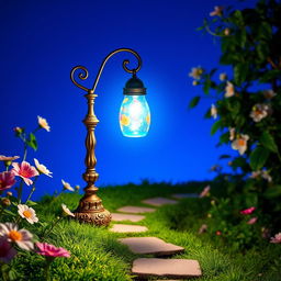A stunning lamp designed to light your path, featuring a vibrant blue background and a glowing holder in a captivating color