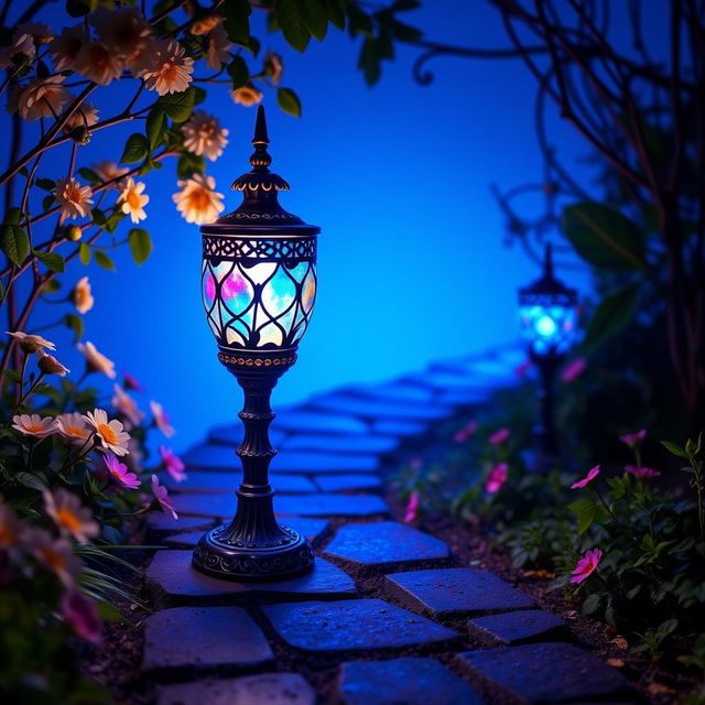 A stunning lamp designed to light your path, featuring a vibrant blue background and a glowing holder in a captivating color