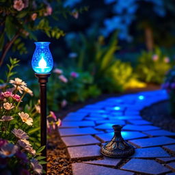 A stunning lamp designed to light your path, featuring a vibrant blue background and a glowing holder in a captivating color