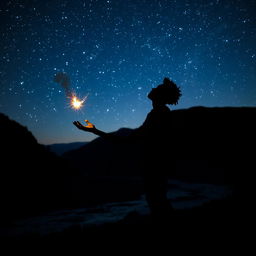 A striking silhouette of an African American figure standing in a serene river valley, tossing a small fireball into the night sky