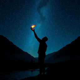 A striking silhouette of an African American figure standing in a serene river valley, tossing a small fireball into the night sky