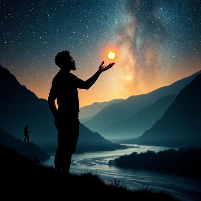 A striking silhouette of an African American figure standing in a serene river valley, tossing a small fireball into the night sky