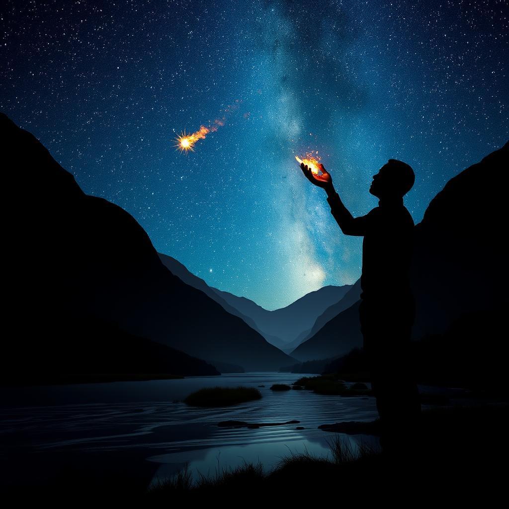 A striking silhouette of an African American figure standing in a serene river valley, tossing a small fireball into the night sky