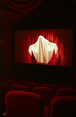 A vintage movie theater screen covered in dark red blood, with a ghostly figure emerging dramatically from the screen