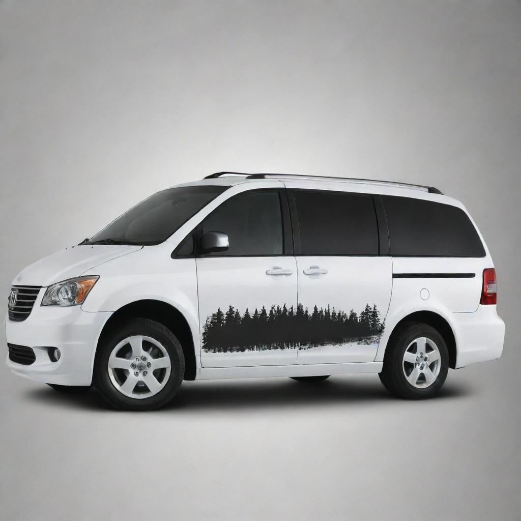 Create a personalized, predominantly monochrome decal for a minivan, reflecting a love for outdoor adventure through simple, elegant, and possibly luxurious abstract or symbolic designs