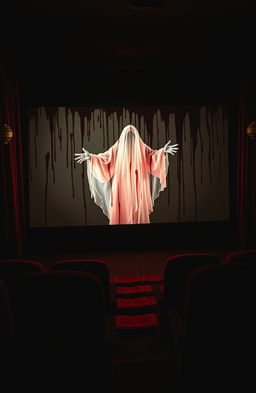 A vintage movie theater screen covered in dark red blood, with a ghostly figure emerging dramatically from the screen