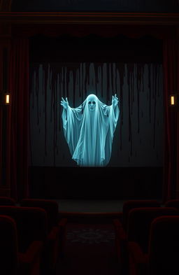 A vintage movie theater screen covered in dark red blood, with a ghostly figure emerging dramatically from the screen