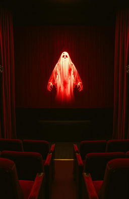 A vintage movie theater screen covered in dark red blood, with a ghostly figure emerging dramatically from the screen