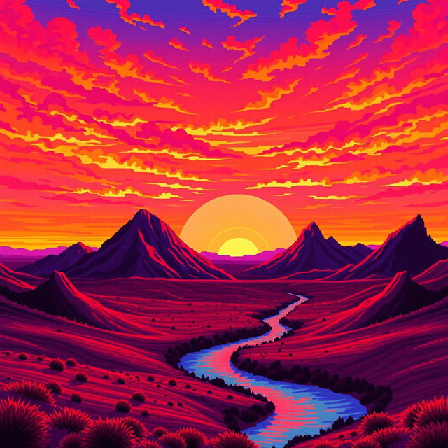 A surreal pixel art landscape captured as if filmed on an old VHS camera, depicting a dreamlike scene of mountains and a small river meandering through the terrain during a vivid sunset