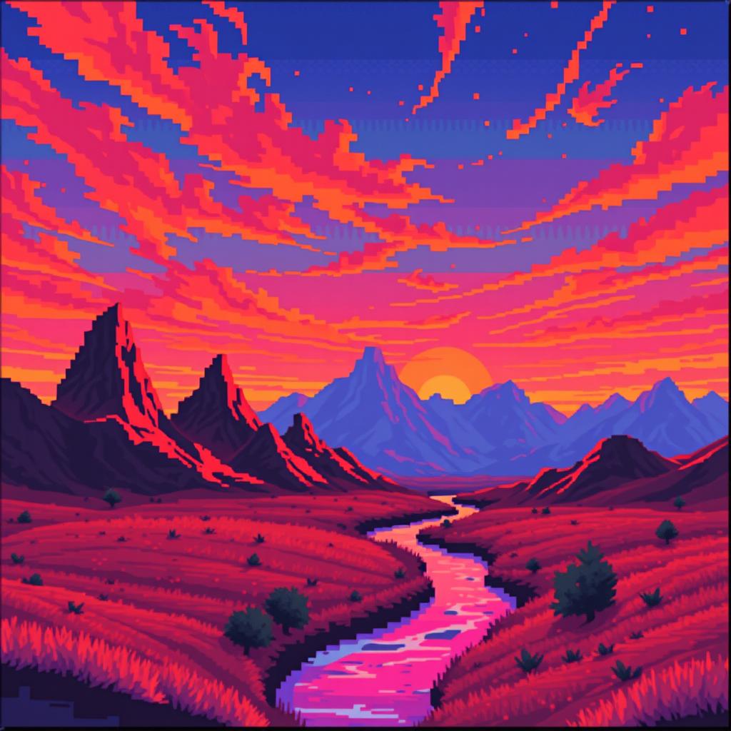 A surreal pixel art landscape captured as if filmed on an old VHS camera, depicting a dreamlike scene of mountains and a small river meandering through the terrain during a vivid sunset