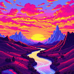 A surreal pixel art landscape captured as if filmed on an old VHS camera, depicting a dreamlike scene of mountains and a small river meandering through the terrain during a vivid sunset