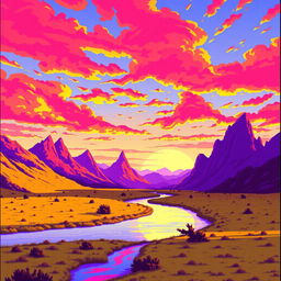A surreal pixel art landscape captured as if filmed on an old VHS camera, depicting a dreamlike scene of mountains and a small river meandering through the terrain during a vivid sunset