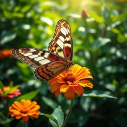 A stunningly realistic butterfly perched on a vibrant flower in a lush natural environment, showcasing intricate wing patterns and vivid colors