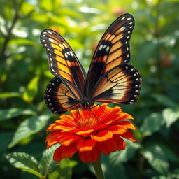 A stunningly realistic butterfly perched on a vibrant flower in a lush natural environment, showcasing intricate wing patterns and vivid colors