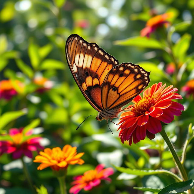 A stunningly realistic butterfly perched on a vibrant flower in a lush natural environment, showcasing intricate wing patterns and vivid colors