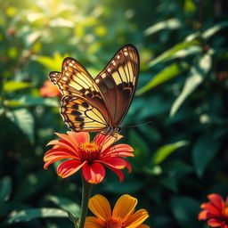 A stunningly realistic butterfly perched on a vibrant flower in a lush natural environment, showcasing intricate wing patterns and vivid colors