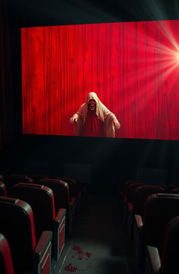 A movie theater screen vividly covered in deep red blood, with an eerie ghostly figure emerging from the screen, capturing the essence of 70s horror films