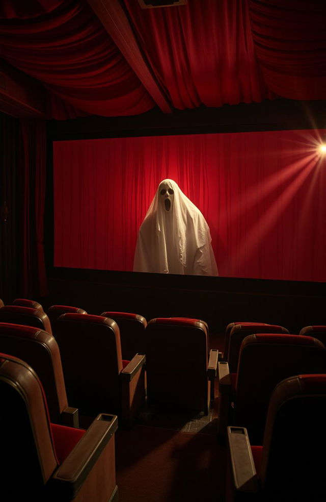 A movie theater screen vividly covered in deep red blood, with an eerie ghostly figure emerging from the screen, capturing the essence of 70s horror films