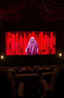 A movie theater screen vividly covered in deep red blood, with an eerie ghostly figure emerging from the screen, capturing the essence of 70s horror films