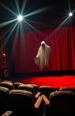 A movie theater screen vividly covered in deep red blood, with an eerie ghostly figure emerging from the screen, capturing the essence of 70s horror films
