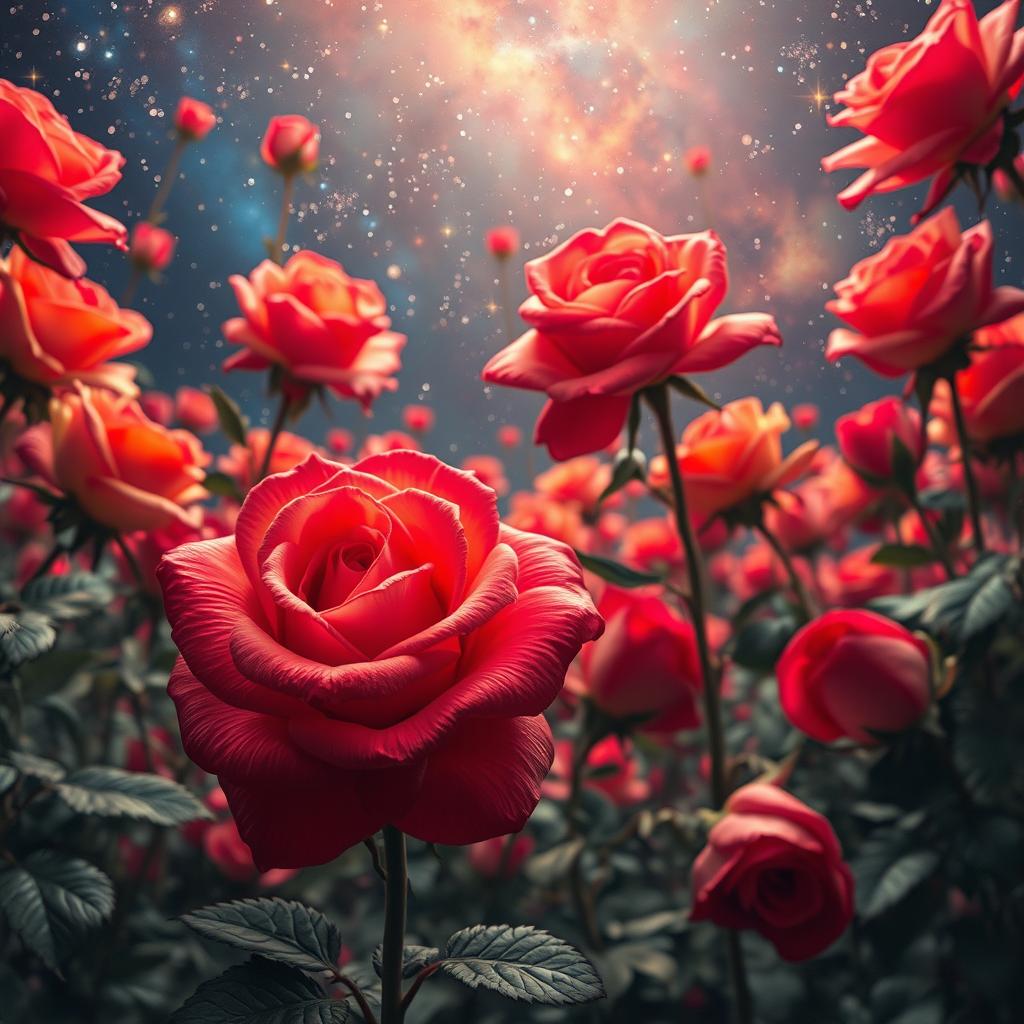 A surreal scene featuring a field of vibrant roses floating gracefully in a parallel universe