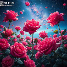 A surreal scene featuring a field of vibrant roses floating gracefully in a parallel universe