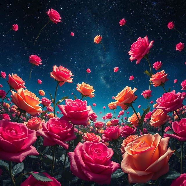 A surreal scene featuring a field of vibrant roses floating gracefully in a parallel universe