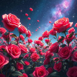 A surreal scene featuring a field of vibrant roses floating gracefully in a parallel universe