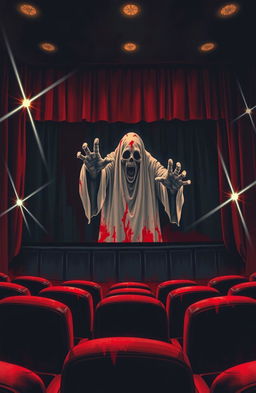 A movie theater screen dramatically covered in blood, with a monstrous ghost ominously emerging from the screen, reaching out towards the viewer
