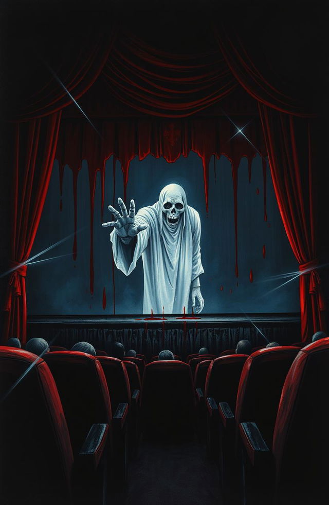 A movie theater screen dramatically covered in blood, with a monstrous ghost ominously emerging from the screen, reaching out towards the viewer