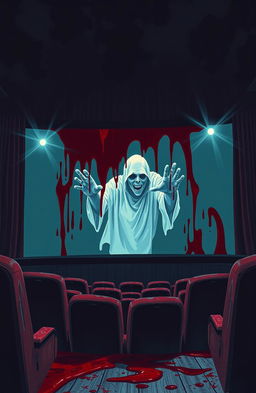 A movie theater screen dramatically covered in blood, with a monstrous ghost ominously emerging from the screen, reaching out towards the viewer