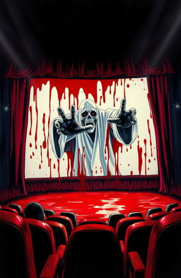 A movie theater screen dramatically covered in blood, with a monstrous ghost ominously emerging from the screen, reaching out towards the viewer