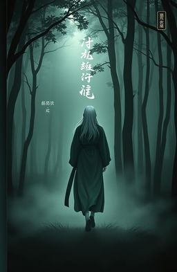 A serene cover for a book, depicting a solitary figure with long gray hair, walking away in a dark, misty forest