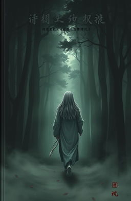 A serene cover for a book, depicting a solitary figure with long gray hair, walking away in a dark, misty forest