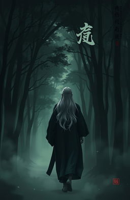 A serene cover for a book, depicting a solitary figure with long gray hair, walking away in a dark, misty forest