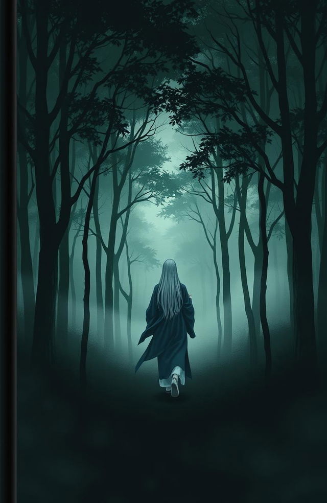 A serene cover for a book, depicting a solitary figure with long gray hair, walking away in a dark, misty forest