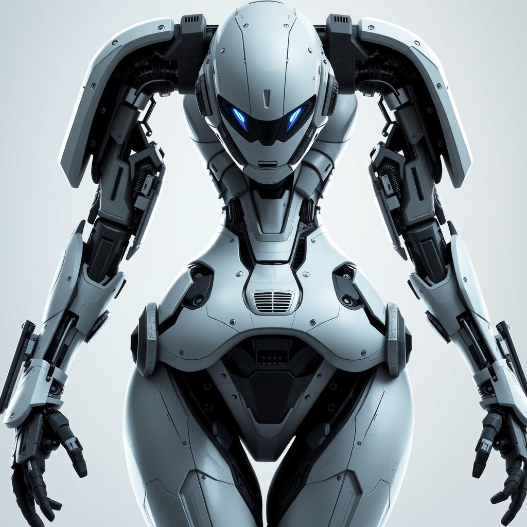 A futuristic humanoid robot with a distinctly feminine structure, featuring large breasts, a curvy butt, and shapely thighs