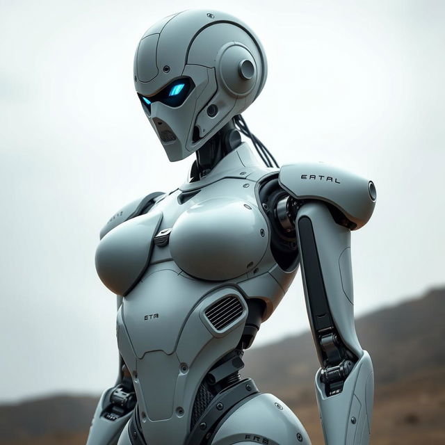 A tall futuristic humanoid robot with a distinctly feminine structure, featuring large breasts, a curvy butt, and shapely thighs