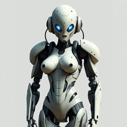A tall futuristic humanoid robot with a distinctly feminine structure, featuring large breasts, a curvy butt, and shapely thighs