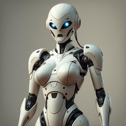 A tall futuristic humanoid robot with a distinctly feminine structure, featuring large breasts, a curvy butt, and shapely thighs