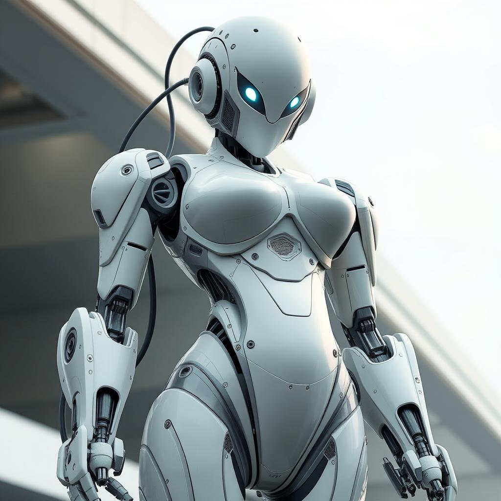 A tall futuristic humanoid robot with a distinctly feminine structure, featuring large breasts, a curvy butt, and shapely thighs