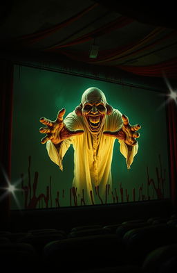 A movie theater screen oozing with blood and covered in dark, greenish mold, as a decaying ghost emerges from the screen