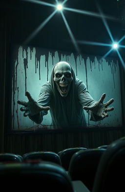 A movie theater screen oozing with blood and covered in dark, greenish mold, as a decaying ghost emerges from the screen