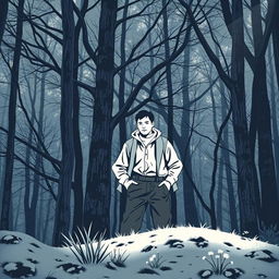 Обложка для книги, на которой изображён парень с длинными седыми волосами, идущий спиной в тёмный лес
