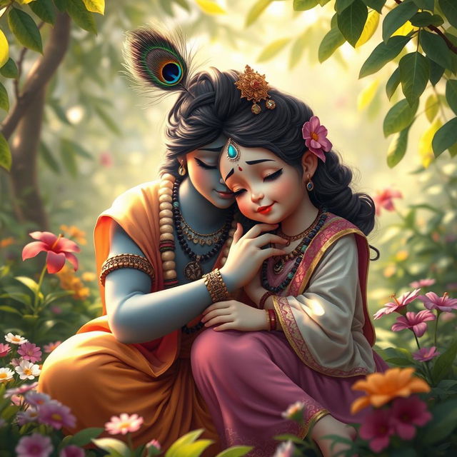 A tender and emotive scene depicting Lord Krishna gently consoling a young girl who is crying