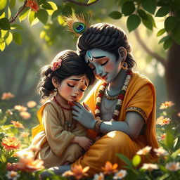 A tender and emotive scene depicting Lord Krishna gently consoling a young girl who is crying